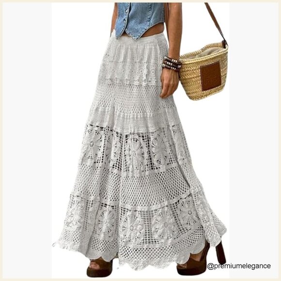 Dresses & Skirts - Western Floral Lace Crochet Maxi Boho Skirt A-Line Elastic Waist